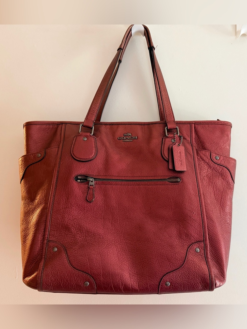 Coach Mickie Metallic Cherry Red Leather Tote Bag